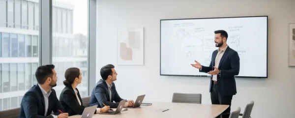 Consultant indépendant animant un atelier professionnel dans une salle de réunion moderne