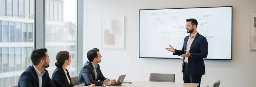 Consultant indépendant animant un atelier professionnel dans une salle de réunion moderne