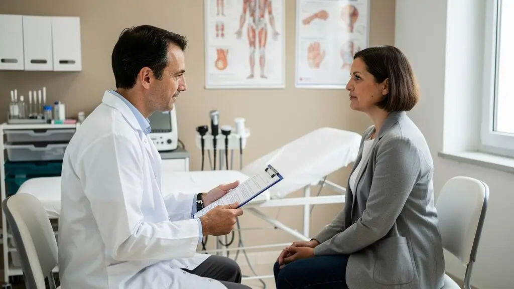 Médecin généraliste réalisant une consultation préventive avec un professionnel indépendant dans un cabinet médical