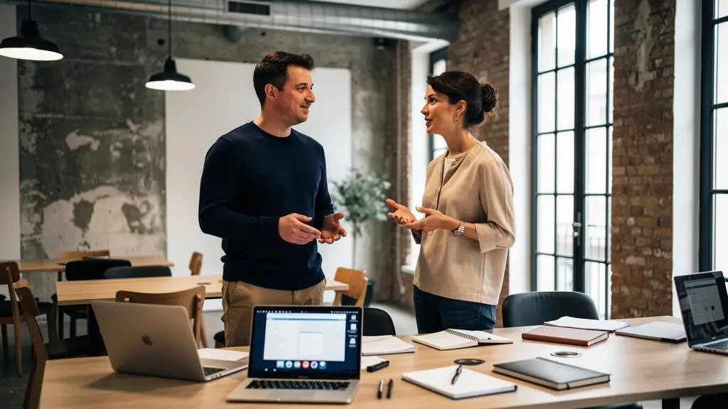 Deux professionnels indépendants échangeant conseils et expériences dans un espace de coworking moderne