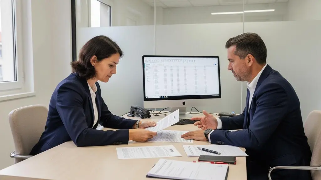 Professionnel indépendant en réunion avec un expert-comptable pour analyser la gestion fiscale et administrative